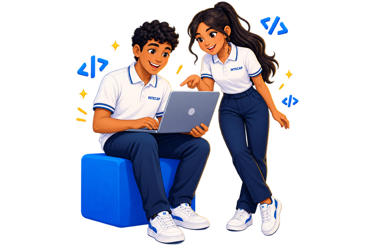 Un estudiante y una estudiante con camisa blanca de INTECAP crean juntos en una computadora.